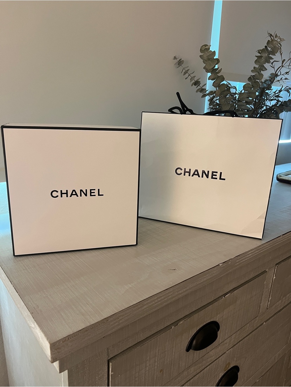 CHANEL White and Black Logo Gift Box and Shopping Bag